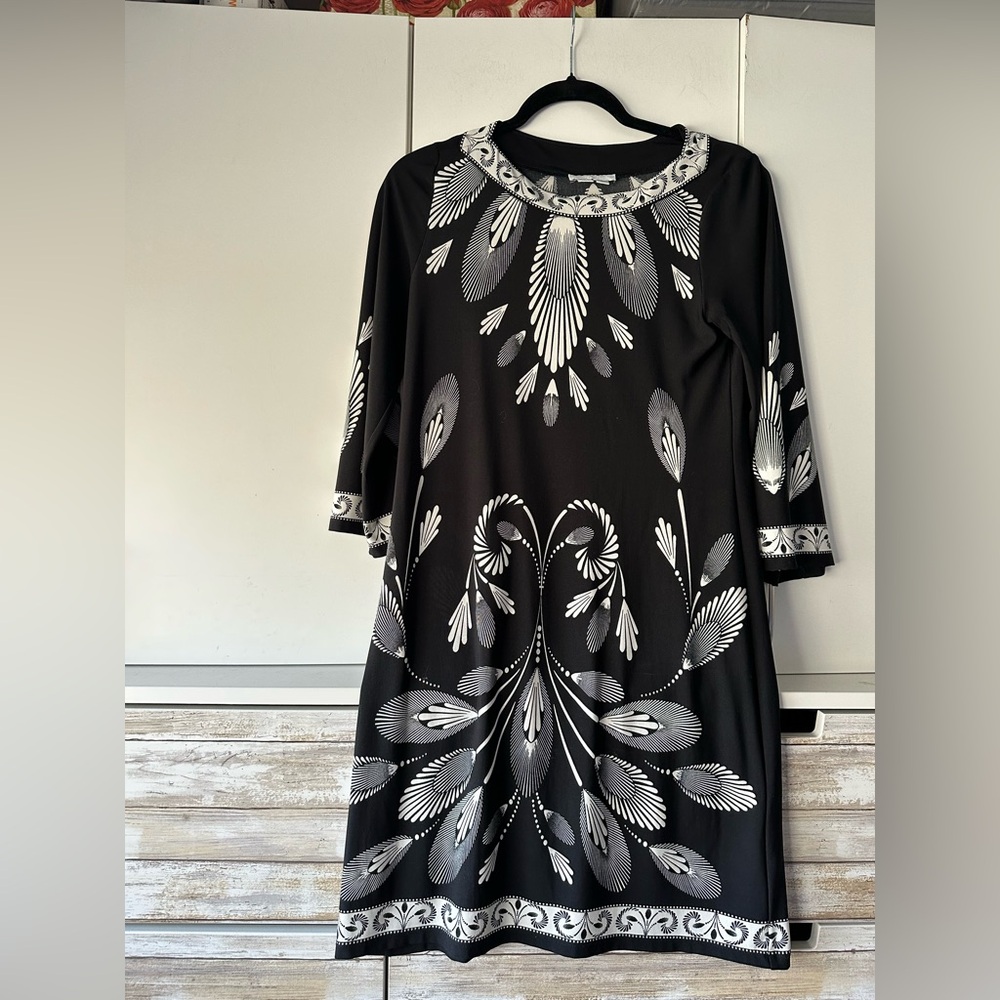 🖤 London Times Petite Black White Leaf Print Stretch Dress 8P